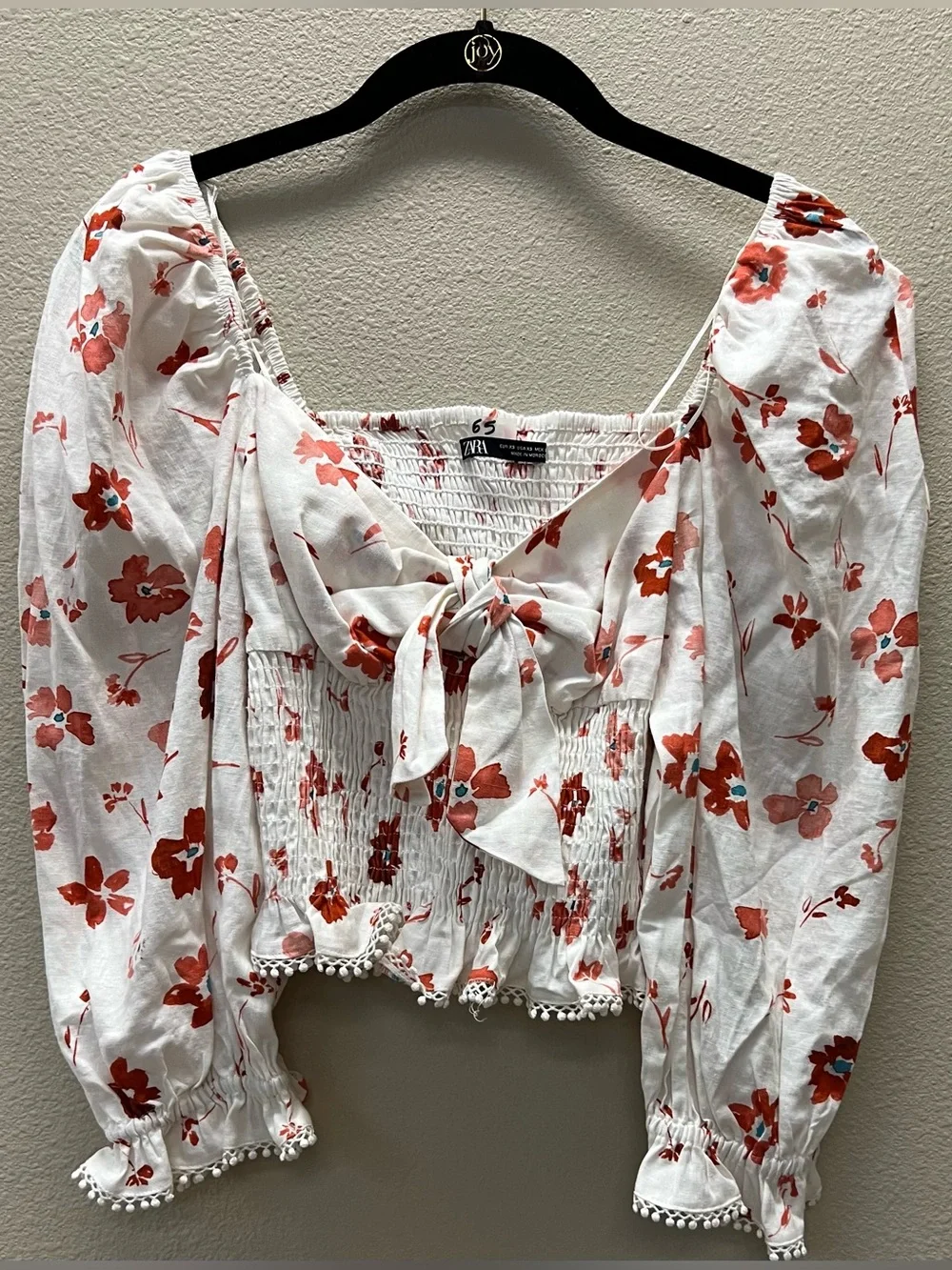 ZARA XS White Cropped Tie-Front Smocked Floral Blouse